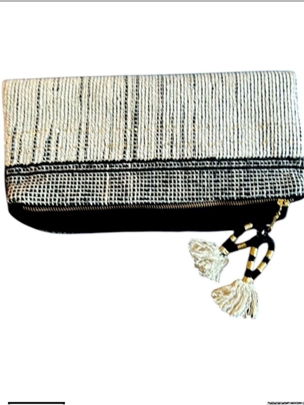 Fabric Fold over Black & Ivory Woven Clutch With Gold Sequins Zipper and Tassels